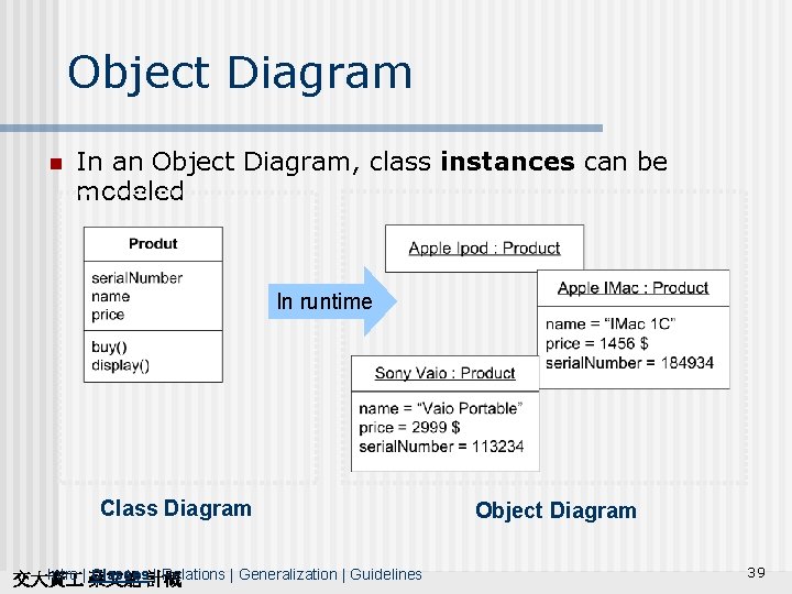 Object Diagram n In an Object Diagram, class instances can be modeled In runtime