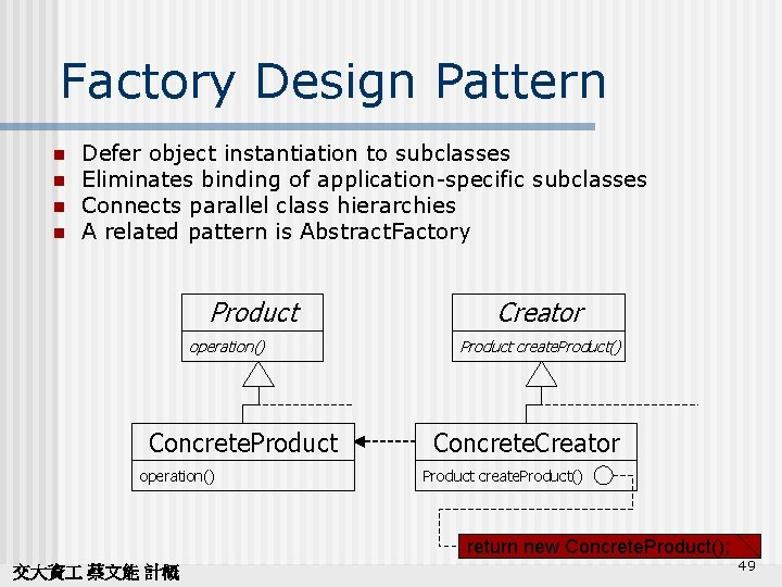 Factory Design Pattern n n Defer object instantiation to subclasses Eliminates binding of application-specific