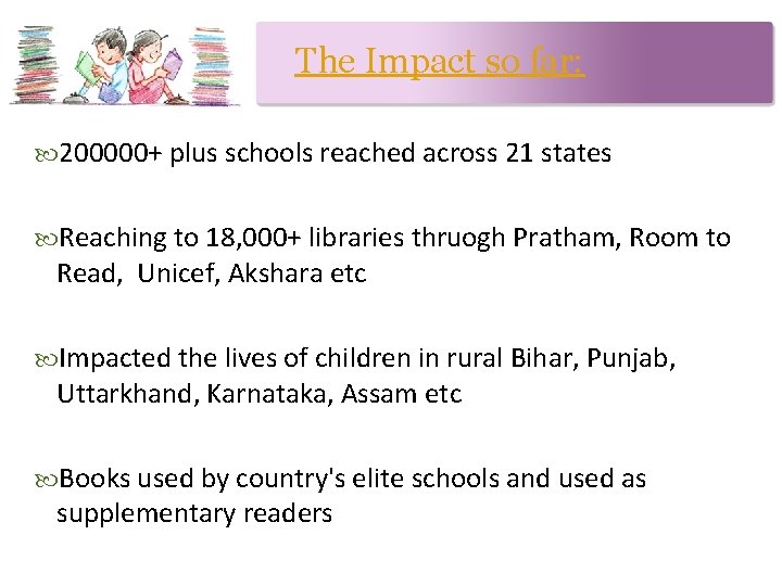 The Impact so far: 200000+ plus schools reached across 21 states Reaching to 18,