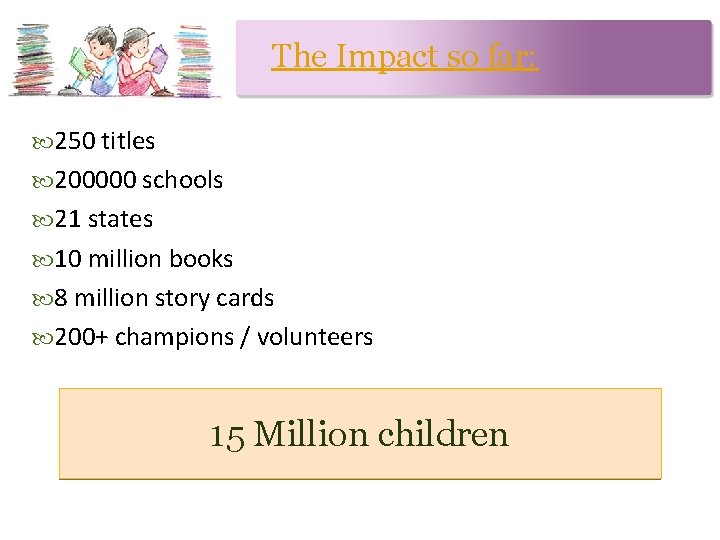 The Impact so far: 250 titles 200000 schools 21 states 10 million books 8