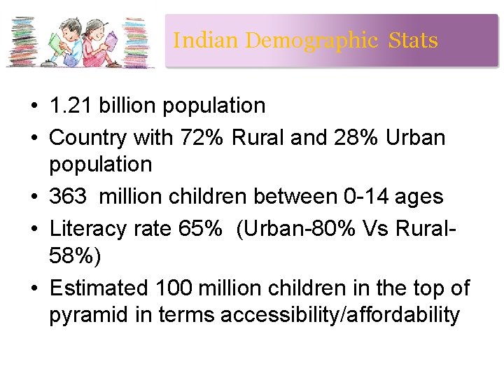 Indian Demographic Stats • 1. 21 billion population • Country with 72% Rural and