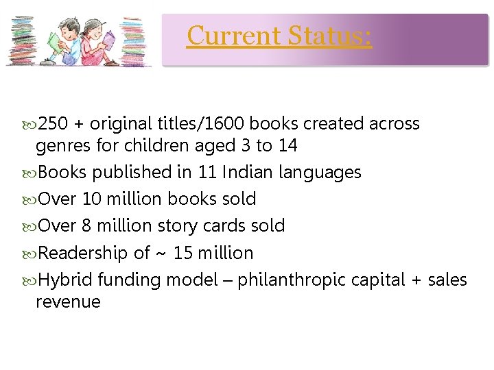 Current Status: 250 + original titles/1600 books created across genres for children aged 3