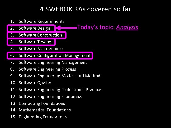 4 SWEBOK KAs covered so far 1. 2. 3. 4. 5. 6. 7. 8.