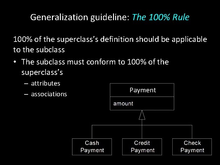 Generalization guideline: The 100% Rule 100% of the superclass’s definition should be applicable to