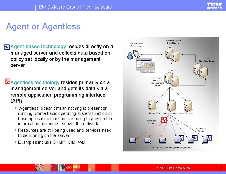 IBM Software Group | Tivoli software Agent or Agentless § Agent-based technology resides directly