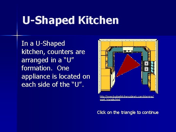 U-Shaped Kitchen In a U-Shaped kitchen, counters are arranged in a “U” formation. One