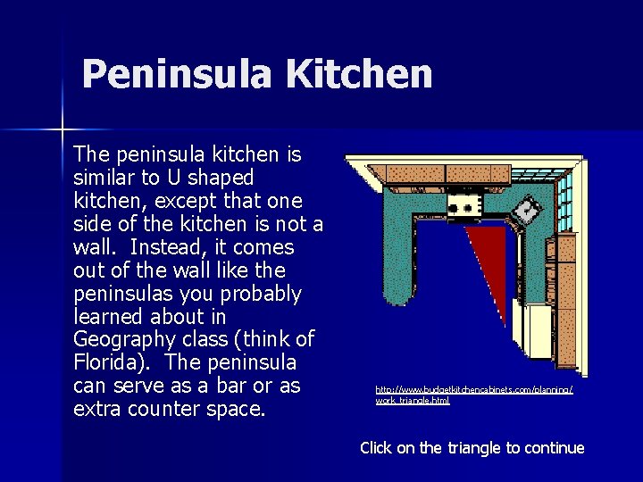 Peninsula Kitchen The peninsula kitchen is similar to U shaped kitchen, except that one