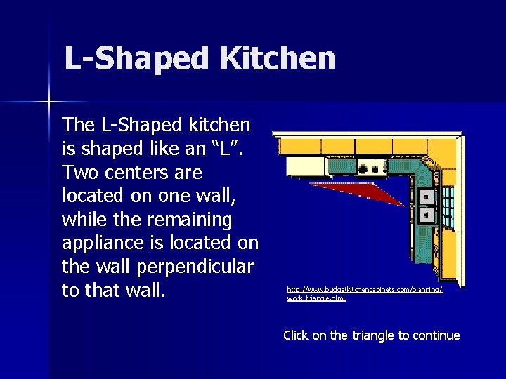 L-Shaped Kitchen The L-Shaped kitchen is shaped like an “L”. Two centers are located