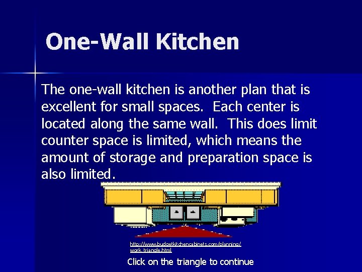 One-Wall Kitchen The one-wall kitchen is another plan that is excellent for small spaces.