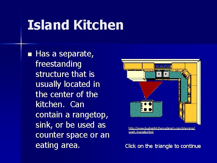 Island Kitchen n Has a separate, freestanding structure that is usually located in the