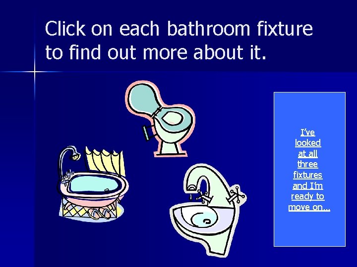 Click on each bathroom fixture to find out more about it. I’ve looked at