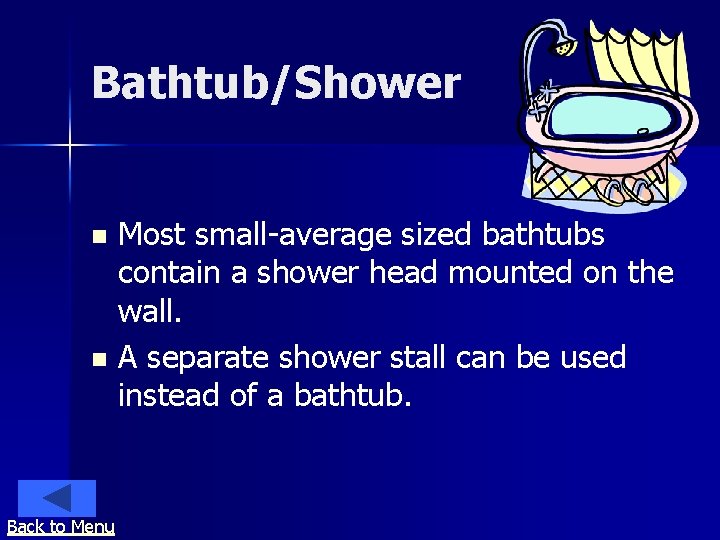 Bathtub/Shower Most small-average sized bathtubs contain a shower head mounted on the wall. n