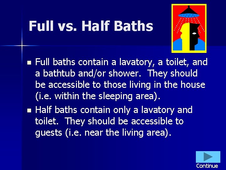 Full vs. Half Baths n n Full baths contain a lavatory, a toilet, and