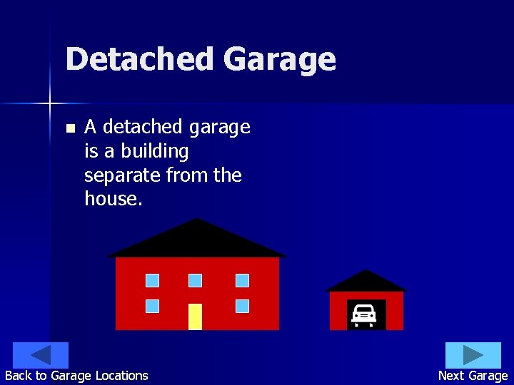 Detached Garage n A detached garage is a building separate from the house. Back