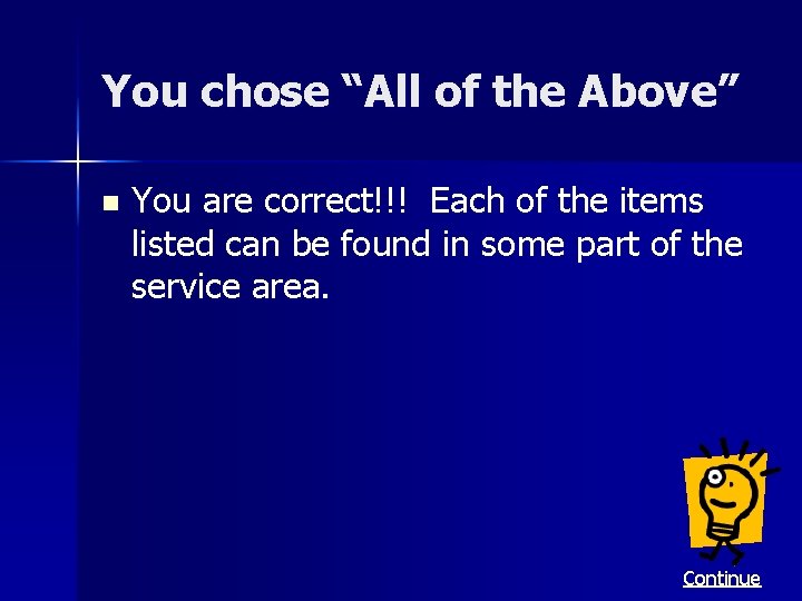 You chose “All of the Above” n You are correct!!! Each of the items