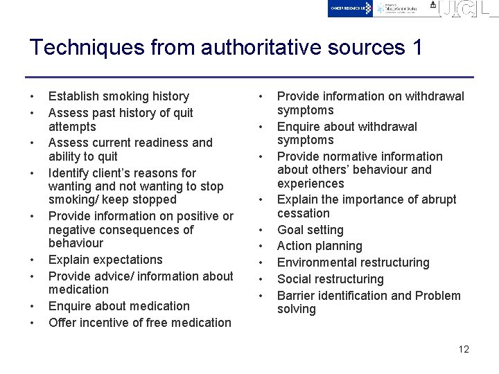 Techniques from authoritative sources 1 • • • Establish smoking history Assess past history