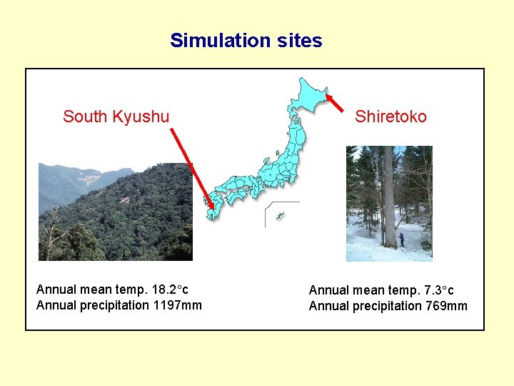 Simulation sites South Kyushu Shiretoko Annual mean temp. 18. 2 c Annual precipitation 1197