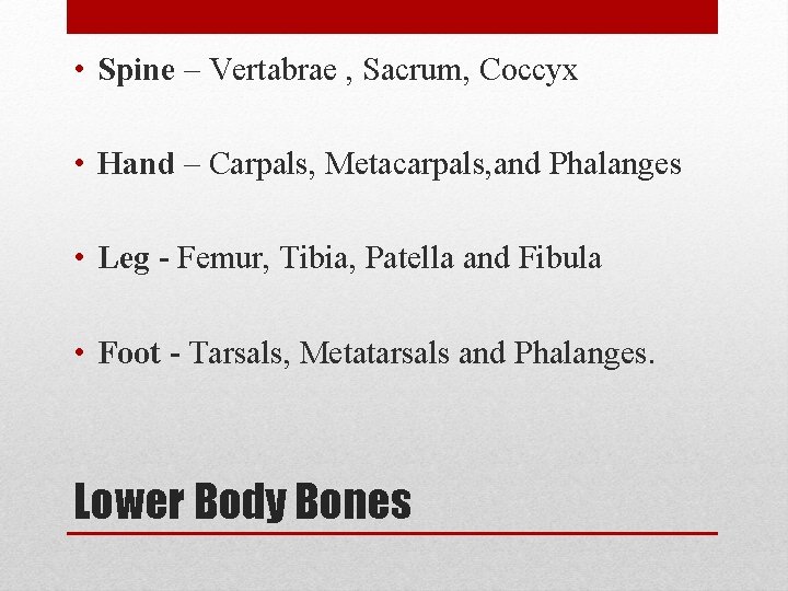  • Spine – Vertabrae , Sacrum, Coccyx • Hand – Carpals, Metacarpals, and