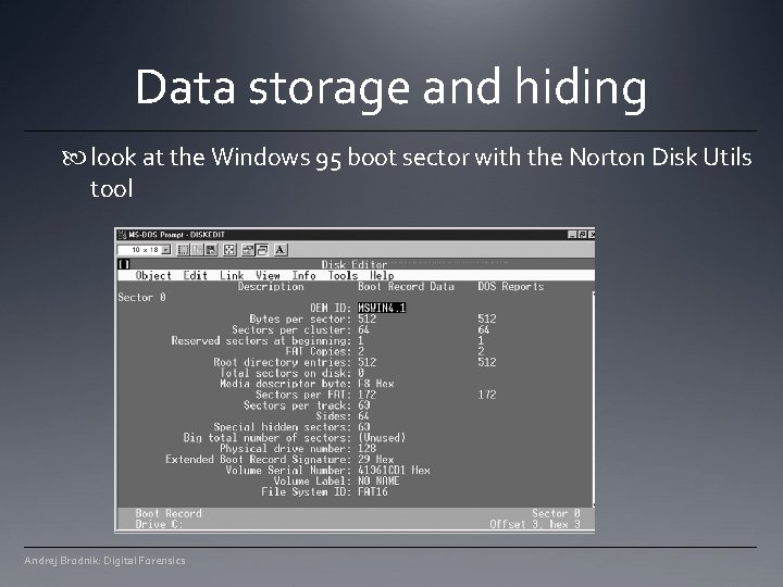 Data storage and hiding look at the Windows 95 boot sector with the Norton Data storage and hiding look at the Windows 95 boot sector with the Norton