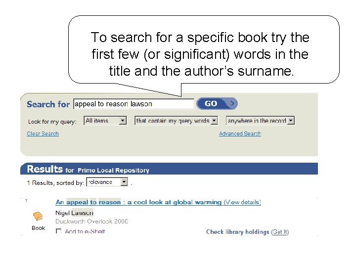 To search for a specific book try the first few (or significant) words in