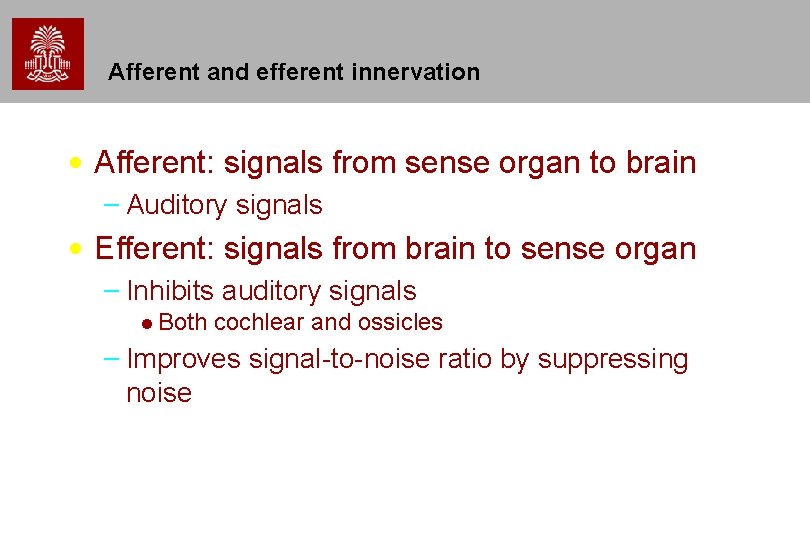 Afferent and efferent innervation • Afferent: signals from sense organ to brain – Auditory