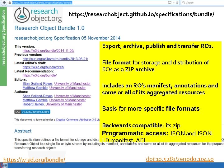 https: //researchobject. github. io/specifications/bundle/ Export, archive, publish and transfer ROs. File format for storage