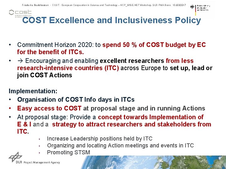 Friederike Beulshausen • COST - European Cooperation in Science and Technology – NCP_WIDE. NET