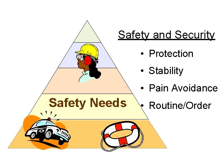 Safety and Security • Protection • Stability • Pain Avoidance Safety Needs • Routine/Order
