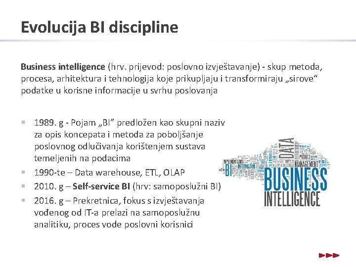 Evolucija BI discipline Business intelligence (hrv. prijevod: poslovno izvještavanje) - skup metoda, procesa, arhitektura