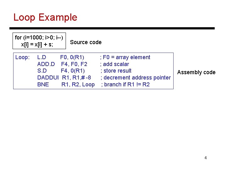 Loop Example for (i=1000; i>0; i--) x[i] = x[i] + s; Loop: Source code