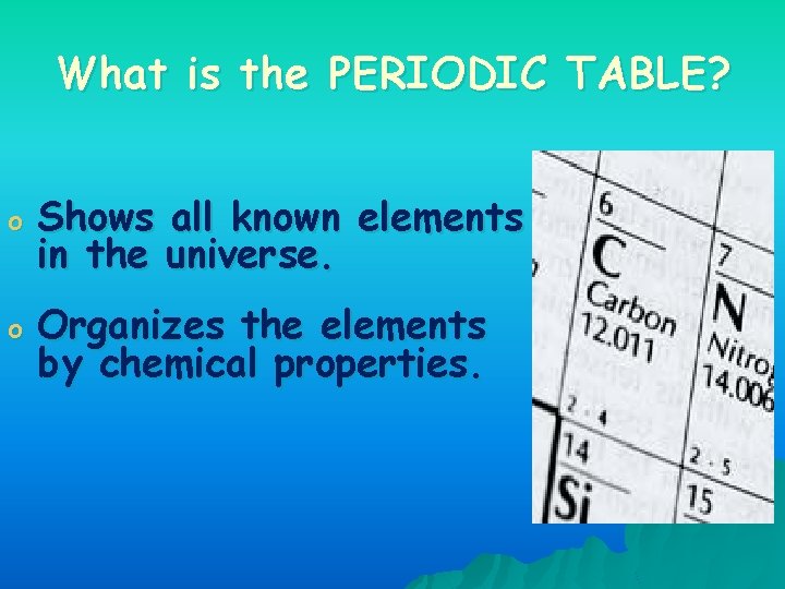 What is the PERIODIC TABLE? o Shows all known elements in the universe. o