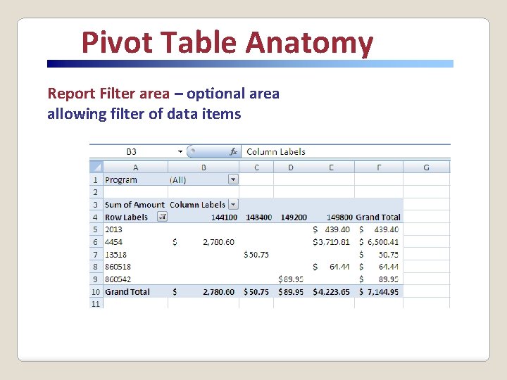 Pivot Table Anatomy Report Filter area – optional area allowing filter of data items