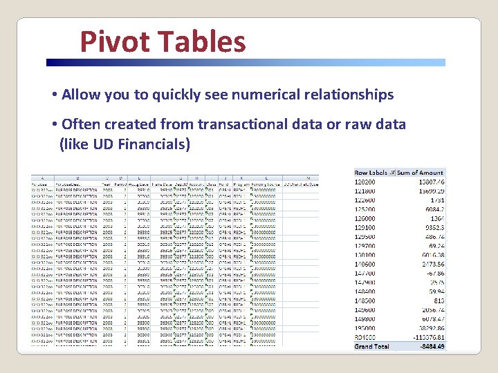 Pivot Tables • Allow you to quickly see numerical relationships • Often created from