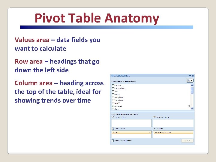 Pivot Table Anatomy Values area – data fields you want to calculate Row area