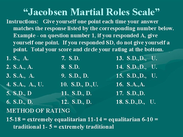 “Jacobsen Martial Roles Scale” Instructions: Give yourself one point each time your answer matches “Jacobsen Martial Roles Scale” Instructions: Give yourself one point each time your answer matches