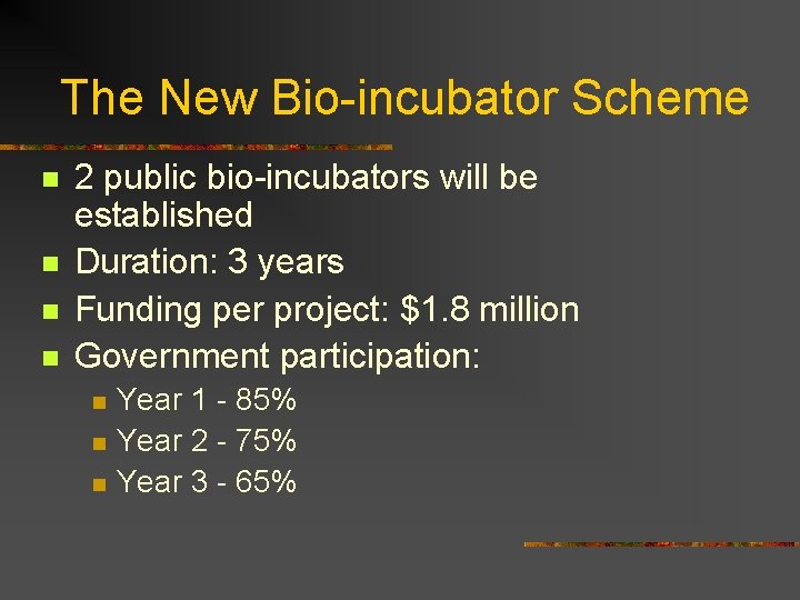 The New Bio-incubator Scheme n n 2 public bio-incubators will be established Duration: 3