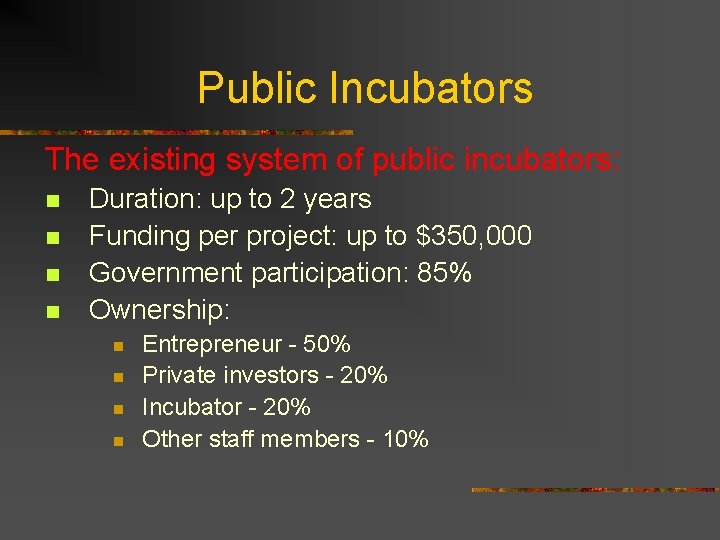 Public Incubators The existing system of public incubators: n n Duration: up to 2