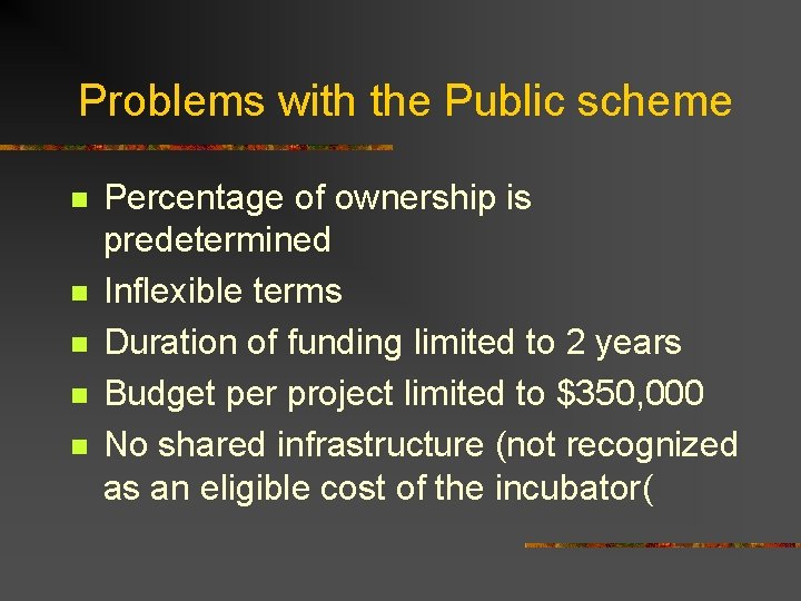 Problems with the Public scheme n n n Percentage of ownership is predetermined Inflexible