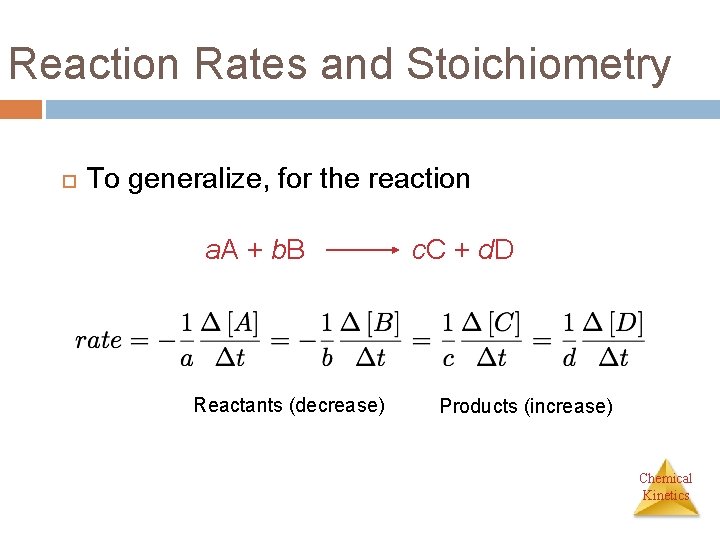 Reaction Rates and Stoichiometry To generalize, for the reaction a. A + b. B