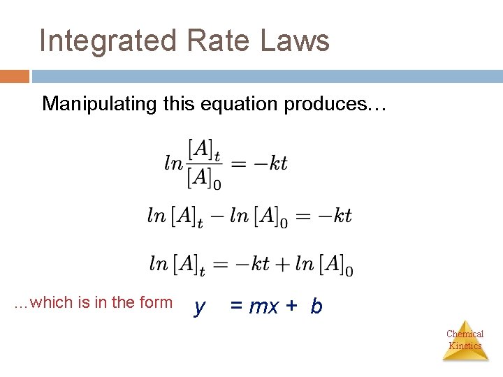 Integrated Rate Laws Manipulating this equation produces… …which is in the form y =