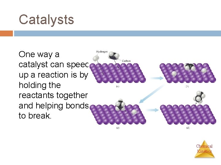 Catalysts One way a catalyst can speed up a reaction is by holding the