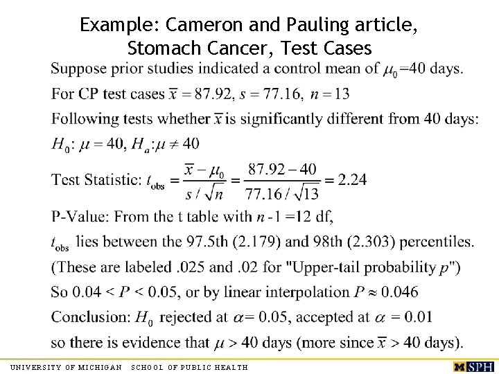 Example: Cameron and Pauling article, Stomach Cancer, Test Cases UNIVERSITY OF MICHIGAN SCHOOL OF
