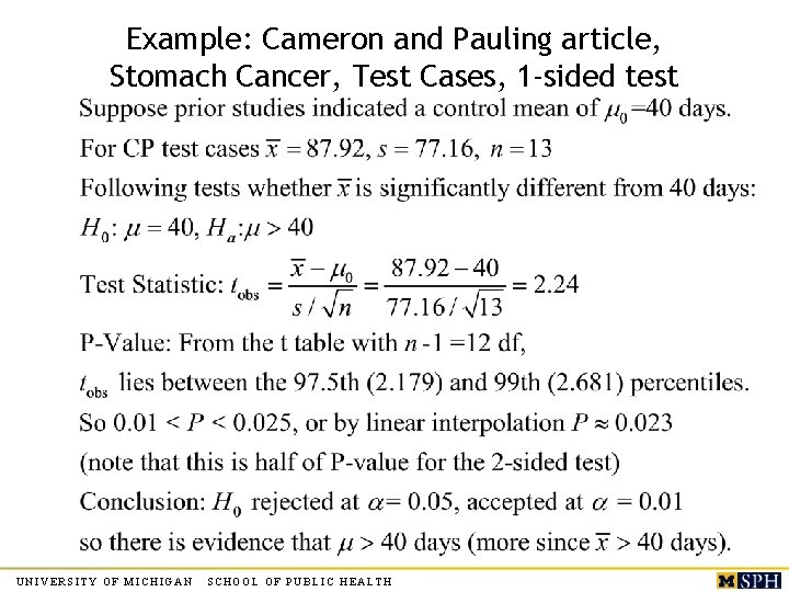 Example: Cameron and Pauling article, Stomach Cancer, Test Cases, 1 -sided test UNIVERSITY OF
