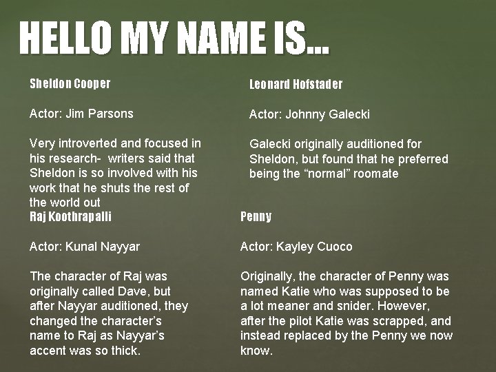 HELLO MY NAME IS… Sheldon Cooper Leonard Hofstader Actor: Jim Parsons Actor: Johnny Galecki