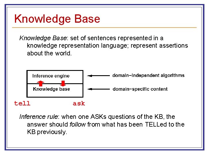 Knowledge Base: set of sentences represented in a knowledge representation language; represent assertions about