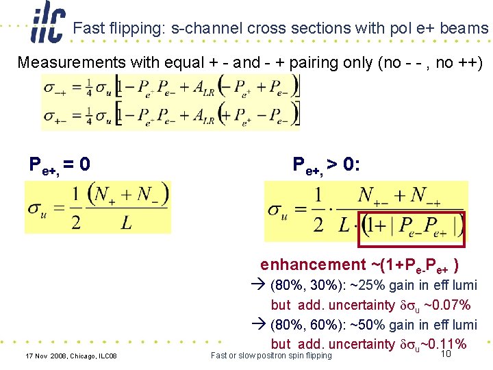 Fast flipping: s-channel cross sections with pol e+ beams Measurements with equal + -