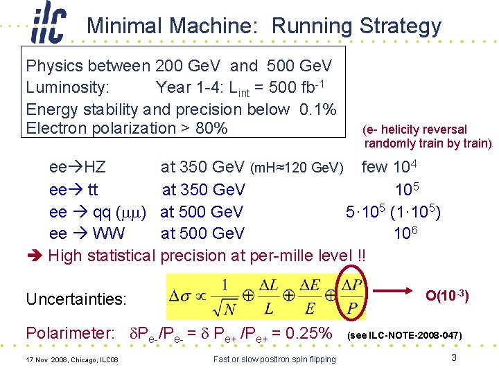 Minimal Machine: Running Strategy Physics between 200 Ge. V and 500 Ge. V Luminosity: