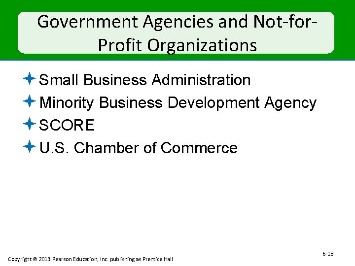 Government Agencies and Not-for. Profit Organizations ª Small Business Administration ª Minority Business Development