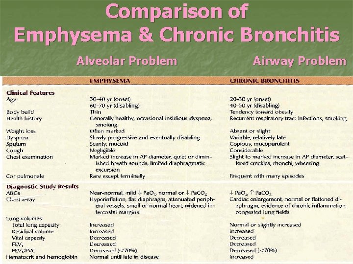 Comparison of Emphysema & Chronic Bronchitis Alveolar Problem Airway Problem 