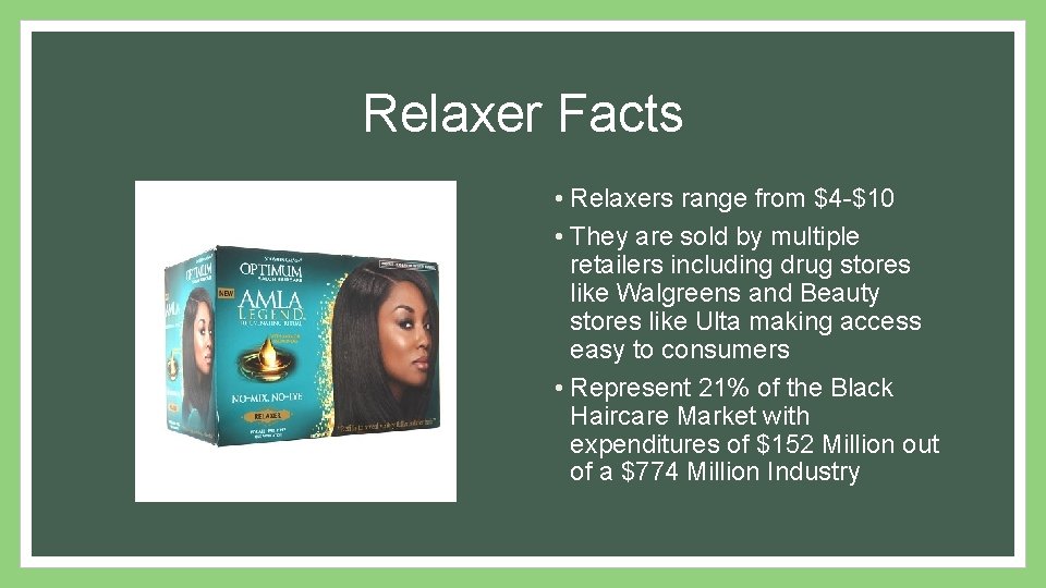 Relaxer Facts • Relaxers range from $4 -$10 • They are sold by multiple